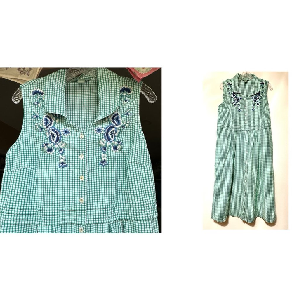 April Cornell Gingham Dress L ~ embroidery ~ pockets ~ green & white